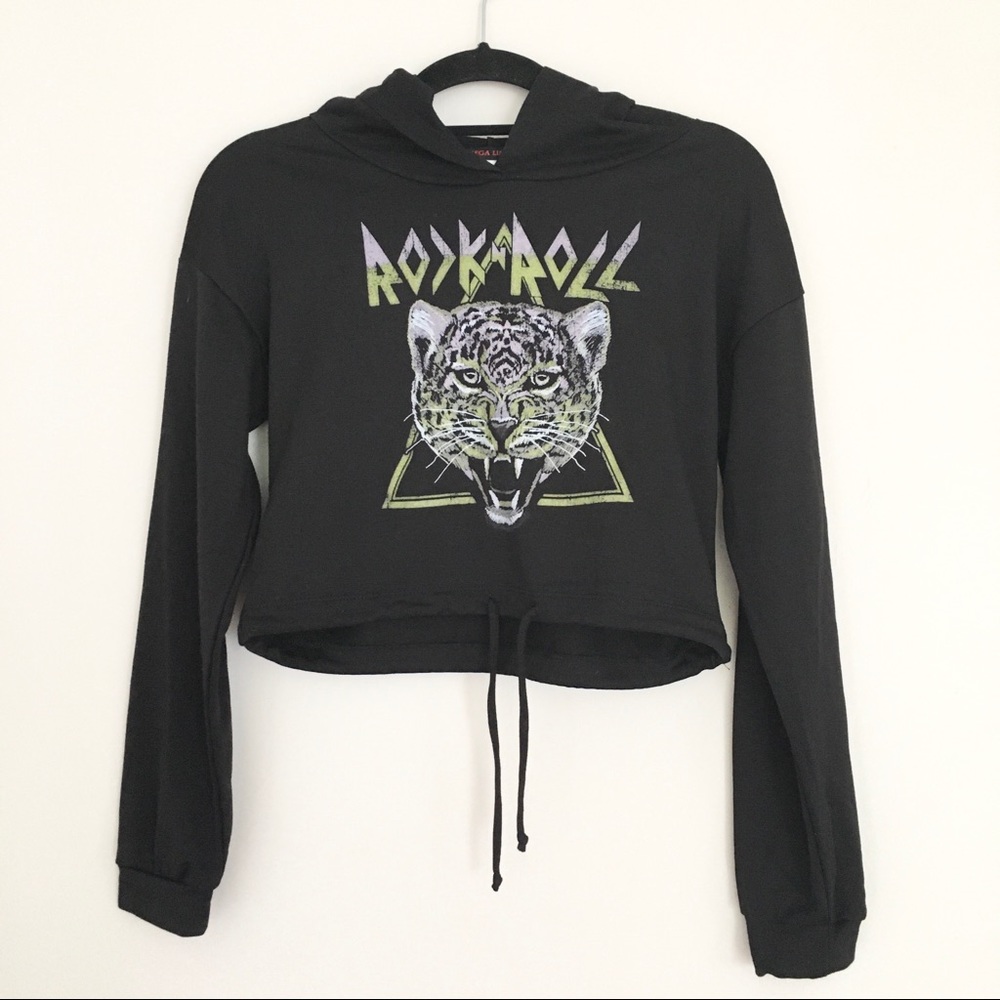 Mega Line Graphic Rock & Roll Crop Top Hoodie M